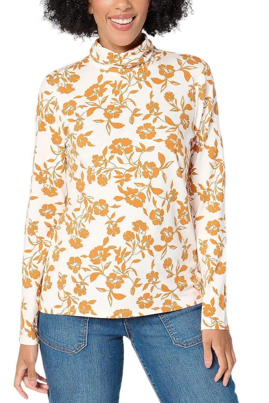 Isaac Mizrahi Live! Women's Printed Lng-Slv Turtleneck Floral Vines - Regular
